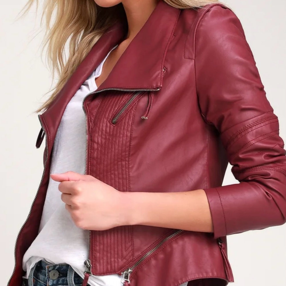 Sleek Red Leather Moto Jacket with Textured Stitching